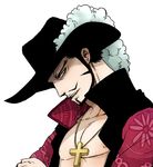  1boy black_hair black_hat chinstrap crossed_arms dracule_mihawk facial_hair hat hat_feather jewelry lining male male_focus mustache necklace one_piece open_clothes open_shirt print_shirt shichibukai shirt solo yellow_eyes 