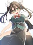  brown_hair elbow_gloves from_below gloves green_eyes hair_ribbon kantai_collection keita_(tundereyuina) looking_at_viewer open_mouth pelvic_curtain pointing remodel_(kantai_collection) ribbon solo thighhighs tone_(kantai_collection) twintails white_ribbon 
