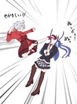  blazer blue_hair boots flying_kick garter_straps hiiragi_natsume jacket kazanari_tsubasa kicking long_hair multiple_girls necktie purple_hair senki_zesshou_symphogear skirt yukine_chris 