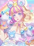  1girl absurdres animal_ears animal_hands bear_ears blonde_hair bow bowtie fake_animal_ears gloves hands_up highres original paw_gloves pink_background pink_hair pink_lips puffy_short_sleeves puffy_sleeves purple_eyes rainbow shirt short_hair short_sleeves solo sparkle stuffed_animal stuffed_toy teddy_bear upper_body white_gloves white_shirt yellow_bow yellow_bowtie youzha_ligui 