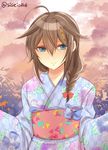  alternate_costume blue_eyes blue_kimono braid brown_hair floral_print hair_between_eyes hair_ornament hair_over_shoulder hairclip japanese_clothes kantai_collection kimono leaf long_hair obi sash shigure_(kantai_collection) shisei_(kyuushoku_banchou) single_braid smile solo twitter_username yukata 