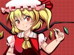  ascot blonde_hair blush coin doku_corne fang flandre_scarlet hat plaid plaid_background red_background red_eyes short_hair side_ponytail smile solo touhou wings 