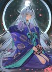  1girl absurdres blue_kimono breasts choker fate/grand_order fate_(series) forked_eyebrows hair_ornament hair_ribbon highres japanese_clothes kimono layered_clothes layered_kimono light_(nightty45) long_hair long_sleeves looking_at_viewer melusine_(dream_portrait)_(fate) melusine_(fate) purple_kimono ribbon sash sidelocks small_breasts solo white_hair wide_sleeves yellow_eyes 