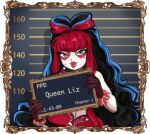  1girl blue_eyes border brown_gloves dress english_text fairytale_police_hoe_department frilled_gloves frills gloves grey_background heart height_chart idoraad lipstick long_hair looking_at_viewer makeup multicolored_hair multicolored_lips ornate_border queen_liz red_dress sleeveless solo upper_body 
