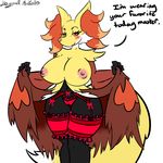  big_breasts breasts canine delphox dialog female fennec fox lingerie mammal nintendo nipples pok&#233;mon pok&eacute;mon presenting red_eyes solo standing text video_games 