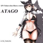  1girl animal_ears arm_support atago_(azur_lane) azur_lane bikini black_bikini black_hair breasts brown_eyes brown_legwear character_name cleavage commentary_request cowboy_shot extra_ears full_body high_heels large_breasts logo long_hair looking_at_viewer mole mole_under_eye navel race_queen shiraishiakina shrug_(clothing) smile solo standing swimsuit thighhighs title twitter_username two-tone_bikini white_background wolf_ears wrist_cuffs 