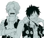  2boys brothers crossed_arms dressrosa hawaiian_shirt male male_focus monkey_d_luffy monochrome multiple_boys one_piece sabo_(one_piece) scar shirt siblings smile stampede_string tamaki26j 