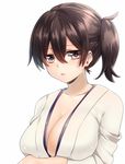  breast_lift breasts brown_eyes brown_hair cleavage japanese_clothes kaga_(kantai_collection) kantai_collection keita_(tundereyuina) large_breasts looking_at_viewer open_clothes open_shirt shirt side_ponytail simple_background solo white_background 