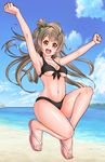  :d \o/ absurdres arms_up bad_id bad_pixiv_id bangs beach bikini black_bikini bow brown_eyes brown_hair day front-tie_bikini front-tie_top green_bow grey_hair hair_bow halterneck highres jumping keffiy long_hair love_live! love_live!_school_idol_project midriff minami_kotori navel ocean one_side_up open_mouth outstretched_arms sandals smile solo swimsuit 