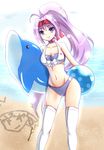  alice360 bad_id bad_pixiv_id ball beachball bikini breasts choker cleavage dolphin highres inflatable_dolphin inflatable_toy long_hair looking_at_viewer medium_breasts navel original ponytail purple_eyes purple_hair shiny shiny_skin skindentation smile swimsuit thighhighs very_long_hair 