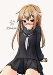  arm_support bad_id bad_pixiv_id black_skirt blush dated glasses kantai_collection long_hair long_sleeves looking_at_viewer mochizuki_(kantai_collection) nekobaka orange_eyes orange_hair pleated_skirt red-framed_eyewear school_uniform semi-rimless_eyewear serafuku simple_background sitting skirt solo tsurime twitter_username under-rim_eyewear white_background 