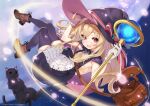  1girl bandaid bandaid_on_knee bandaid_on_leg black_cat blonde_hair breasts brown_footwear cat cloak dress floating full_body gloves hair_between_eyes hairband hat highres holding holding_staff holding_weapon little_witch_nobeta long_hair looking_at_viewer nobeta nobeta_(witch_skin) official_art oneko open_mouth phyllis_(cat)_(little_witch_nobeta) phyllis_(little_witch_nobeta) purple_cloak purple_thighhighs red_eyes scepter shoes sky small_breasts smile staff star_(sky) starry_sky straight_hair thighhighs weapon witch witch_hat zettai_ryouiki 