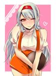  ;) alternate_costume anna_miller blouse breasts brown_eyes closed_mouth hairband heart highres kantai_collection large_breasts long_hair one_eye_closed shisei_(kyuushoku_banchou) short_sleeves shoukaku_(kantai_collection) silver_hair skirt smile solo tray waitress 