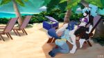anthro beach bikini blush clothing duo ear_piercing ear_ring eye_contact female female/female generation_5_pokemon hainequem hi_res leash_grab leashed_female looking_at_another minatsu_(boredomtool) nintendo on_lap oshawott piercing pokemon pokemon_(species) purple_bikini purple_clothing purple_swimwear ring_piercing sand swimwear two-piece_swimsuit yellow_bikini yellow_clothing yellow_swimwear