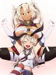  ^_^ anchor armpits arms_up artist_name black_legwear blonde_hair blue_skirt blush breast_rest breasts breasts_on_head closed_eyes dark_skin elbow_gloves glasses gloves huge_breasts ikeshita_moyuko indian_style kantai_collection long_hair medium_breasts multiple_girls musashi_(kantai_collection) navel open_mouth pointy_hair red_eyes sarashi shimakaze_(kantai_collection) sitting skirt smile striped striped_legwear thighhighs white_gloves 