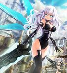  absurdres aqua_eyes armor ass back bangs bare_shoulders black_heart black_legwear black_sister blue_wings blush breasts choujigen_game_neptune_mk2 cleavage cleavage_cutout cloud day drill_hair flat_chest gloves green_eyes gun halterneck highres holding holding_weapon huge_weapon jpeg_artifacts large_breasts leotard long_hair looking_at_viewer looking_back magical_girl mechanical_wings mini_wings multiple_girls neptune_(series) outdoors parted_lips power_symbol railing short_hair siblings sisters sky smile stairs standing sword sxbzero symbol-shaped_pupils thighhighs turtleneck twin_drills vambraces very_long_hair wavy_hair weapon white_hair wings 