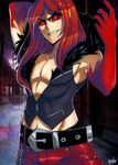  abs bad_id bad_tumblr_id belt carmine fur_collar grin khaliqa_bell long_hair male_focus muscle red_hair red_sclera sleeveless slit_pupils smile solo under_night_in-birth vest 