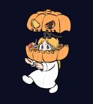  1girl absurdres animal animal_on_head arawi_keiichi black_cat blonde_hair blue_eyes candy cat coat food full_body halloween highres jack-o&#039;-lantern neckerchief nichijou on_head professor_shinonome red_neckerchief sakamoto_(nichijou) walking white_coat 