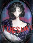  1girl absurdres ambiguous_red_liquid black_hair blanket blue_background character_name dress fishnet_veil grey_eyes hair_over_one_eye highres holding holding_blanket looking_at_viewer one_eye_covered oval_image purple_dress reverse:1999 short_hair smile solo straight-on swaddled tuesday_(reverse:1999) upper_body youzha_ligui 