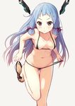  adjusting_clothes adjusting_shoe adjusting_swimsuit ass_visible_through_thighs bare_shoulders bikini bikini_pull black_bikini blue_hair blush breasts brown_eyes collarbone highres itsui_(dihydrogenmonoxid) kantai_collection leaning_forward leg_up long_hair medium_breasts micro_bikini murakumo_(kantai_collection) navel sandals simple_background solo standing standing_on_one_leg string_bikini swimsuit swimsuit_lift thigh_gap very_long_hair white_background 