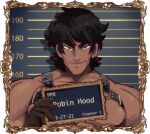  1boy black_gloves border character_name chest_strap closed_mouth dark-skinned_male dark_skin fairytale_police_hoe_department gloves green_eyes grey_background height_chart idoraad looking_at_viewer male_focus mugshot ornate_border portrait robin_hood_(fairytale_police_hoe_department) smile solo v-shaped_eyebrows 