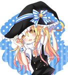  adjusting_headwear blonde_hair blush bow crescent d: dress hat hat_bow hoxi kirisame_marisa open_mouth popped_collar shy solo star touhou turtleneck wavy_mouth witch_hat wrist_cuffs yellow_eyes 