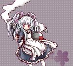  3.1-tan dress hair_ribbon ladle os-tan oven_mitts red_eyes ribbon shio_poteto silver_hair solo 