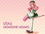  apron detached_sleeves dress green_eyes hair_ornament hairclip hat headphones long_hair momomomo momone_momo mop pink_hair short_dress smile solo thighhighs utau zettai_ryouiki 