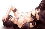  1boy bandage bandages black_hair blood cross jewelry lying male male_focus necklace red_eyes shiki_(togainu_no_chi) simple_background solo togainu_no_chi topless unzipped 
