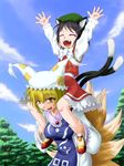  \o/ animal_ears arms_up bell black_hair blonde_hair blue_sky carrying cat_ears cat_tail chen closed_eyes cloud day fang fox_tail hat laughing long_sleeves multiple_girls multiple_tails ofuda open_mouth outdoors outstretched_arms pillow_hat shoes short_hair shoulder_carry sky tail tassel touhou tree warabi_mochi wide_sleeves yakumo_ran yellow_eyes 