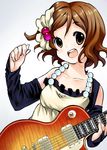  absurdres brown_eyes brown_hair detached_sleeves don't_say_&quot;lazy&quot; dress fingerless_gloves gloves guitar highres hirasawa_yui instrument k-on! mosho plectrum short_hair solo 