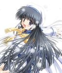  artist_request black_eyes black_hair dress hat long_hair outstretched_arms scarf snow snow_(game) solo spread_arms yukizuki_sumino 
