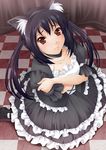  animal_ears black_hair brown_eyes cat_ears checkered collarbone crossed_arms dress face frills from_above gothic gothic_lolita k-on! lolita_fashion long_hair mukunokino_isshiki nakano_azusa shoes solo twintails 