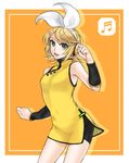  ano_(sbee) blonde_hair china_dress chinese_clothes dress green_eyes hair_ornament hair_ribbon hairclip headphones headset kagamine_rin musical_note ribbon short_dress short_hair shorts_under_dress smile solo vocaloid yellow_dress 