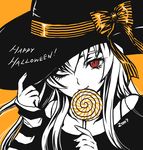  2007 artist_request candy food halloween happy_halloween hat limited_palette lollipop orange_background ribbon rozen_maiden solo suigintou swirl_lollipop witch_hat 