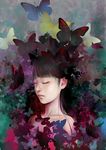  black_hair bug butterfly closed_eyes insect long_hair mamedanuki original realistic solo 