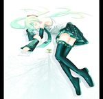  aqua_hair detached_sleeves eto hatsune_miku hello_planet_(vocaloid) legs letter long_hair lying necktie on_side pillarboxed skirt sleeping solo thighhighs twintails vocaloid zettai_ryouiki 