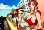  bikini black_eyes black_hair blonde_hair blue_hair breasts brown_hair contest dark_skin day huge_breasts kuruma_hajime large_breasts multiple_girls orange_hair original ponytail red_hair side-tie_bikini sideboob slingshot_swimsuit swimsuit white_hair yellow_eyes 