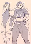  bad_id bad_pixiv_id beret braid bun_cover cammy_white china_dress chinese_clothes chun-li double_bun dress hat leotard monochrome multiple_girls pantyhose pelvic_curtain pink_background purple redrop sash sketch street_fighter thick_thighs thighs 