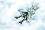  blonde_hair blue_eyes coat from_above headphones headset highres kagamine_len lying male_focus necktie on_back paraiso shorts snow solo vocaloid 