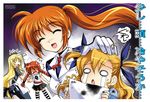  4girls ahoge apron blonde_hair braid circle_name closed_eyes cool_your_head crying fate_testarossa gloves highres kanna_(plum) ladle long_hair low-tied_long_hair lyrical_nanoha mahou_shoujo_lyrical_nanoha_strikers military military_uniform multiple_girls o_o red_hair shaded_face side_ponytail streaming_tears sweatdrop takamachi_nanoha tears thighhighs translated tsab_air_military_uniform twin_braids uniform vita vivio watermark web_address white_devil 