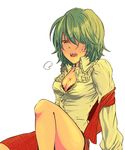  arm_support bad_id bad_pixiv_id black_bra blush bra breasts breath charin cleavage green_hair hair_over_one_eye kazami_yuuka lace lace-trimmed_bra lingerie medium_breasts off_shoulder open_clothes open_mouth open_shirt plaid plaid_skirt plaid_vest red_eyes saliva shirt short_hair simple_background sitting skirt skirt_set solo touhou underwear vest white_background 
