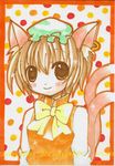  animal_ears bad_id bad_pixiv_id brown_eyes brown_hair cat_ears cat_tail chen earrings emo_(mikan) hat jewelry multiple_tails smile solo tail touhou traditional_media 