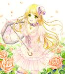  bad_id bad_pixiv_id blonde_hair bow breasts choker cleavage copyright_request dress face flower frills green_eyes hat jewelry lolita_fashion long_hair medium_breasts mini_hat mini_top_hat necklace parasol rose smile solo top_hat toyoda_izumi umbrella 