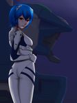  ass ayanami_rei backlighting bad_id bad_pixiv_id bangs blue_hair blurry bodysuit bracer breasts closed_mouth cyclops depth_of_field eva_00 flat_ass from_behind from_side gloves hair_between_eyes hand_on_hip headgear legs_together light light_smile lips looking_at_viewer looking_back mecha medium_breasts neon_genesis_evangelion number one-eyed pilot_suit plugsuit red_eyes shade short_hair smile solo standing tana-ka turtleneck white_bodysuit 