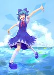  blue_hair cirno hanaji outstretched_arms ribbon short_hair solo spread_arms touhou wings 