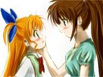  bad_id bad_pixiv_id blue_ribbon blush bow bowtie eye_contact hair_ribbon hand_on_another's_cheek hand_on_another's_face kohinore looking_at_another lyrical_nanoha mahou_shoujo_lyrical_nanoha_strikers mother_and_daughter multiple_girls ponytail red_bow red_neckwear ribbon school_uniform side_ponytail simple_background takamachi_nanoha vivio white_background 
