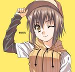  bad_id bad_pixiv_id baseball_cap brown_eyes brown_hair character_name hat hood hoodie mamoru_(sister_princess) one_eye_closed sen_(sansui) short_hair sister_princess yellow_background 