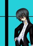  androgynous black_hair glasses hands_in_pockets heterochromia np_(edage_no_hazama) original solo source_request 