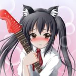  animal_ears black_hair blush brown_eyes cat_ears guitar highres instrument k-on! long_hair nakano_azusa narurun_(final123) neck_ribbon red_ribbon ribbon school_uniform solo tears twintails 